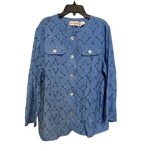 Alfred Dunner Womens Blue Textured Button-Up Top Size 8